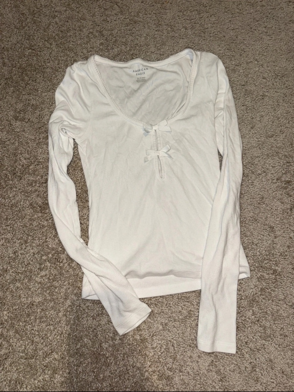aerie White Long Sleeve Scoop Neck Top with Front Bows